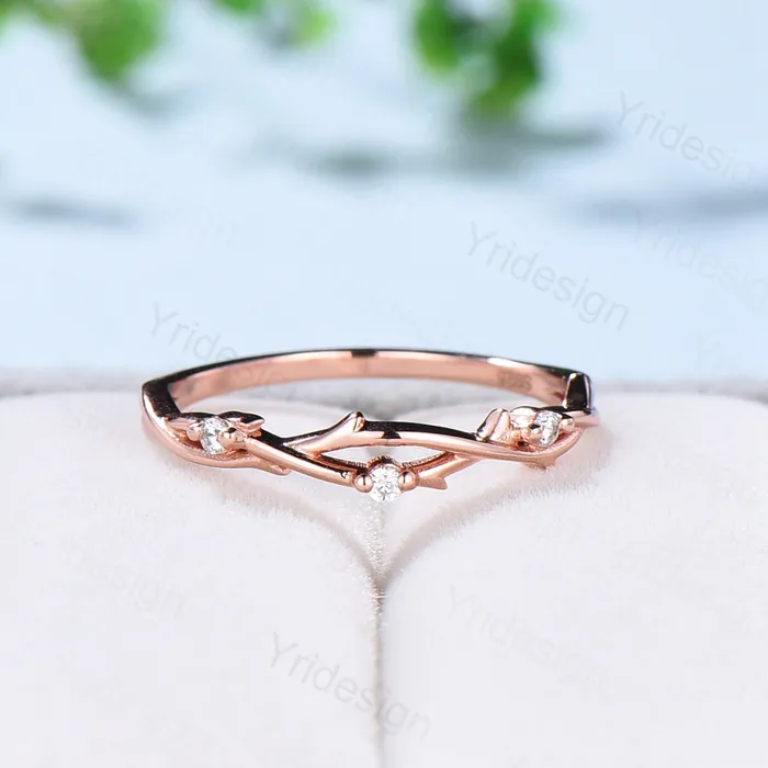 PENFINE Rings Twig Branch Diamond Wedding Wedding Band Women Solid Gold Unique Wedding Ring Leaf Vine Stacking Band Infinity Anniversary Matching Band