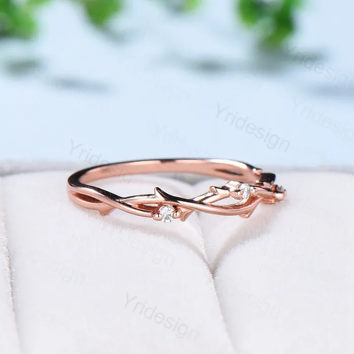 PENFINE Rings Twig Branch Diamond Wedding Wedding Band Women Solid Gold Unique Wedding Ring Leaf Vine Stacking Band Infinity Anniversary Matching Band