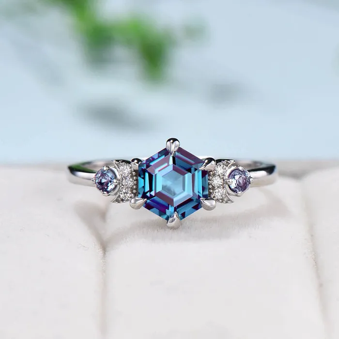 PENFINE Rings Unique hexagon alexandrite engagement ring Magic celestial moon color change engagement ring vintage crescent wedding ring gift for women PENFINE Rings Unique hexagon alexandrite engagement ring Magic celestial moon color change engagement ring vintage crescent wedding ring gift for women