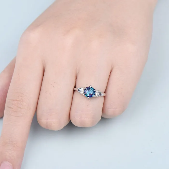 PENFINE Rings Unique hexagon alexandrite engagement ring Magic celestial moon color change engagement ring vintage crescent wedding ring gift for women PENFINE Rings Unique hexagon alexandrite engagement ring Magic celestial moon color change engagement ring vintage crescent wedding ring gift for women