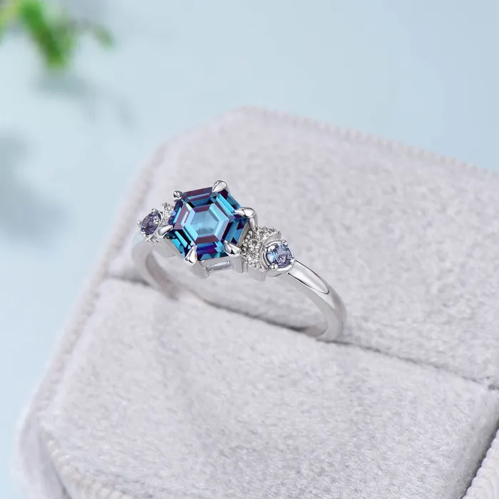 PENFINE Rings Unique hexagon alexandrite engagement ring Magic celestial moon color change engagement ring vintage crescent wedding ring gift for women PENFINE Rings Unique hexagon alexandrite engagement ring Magic celestial moon color change engagement ring vintage crescent wedding ring gift for women