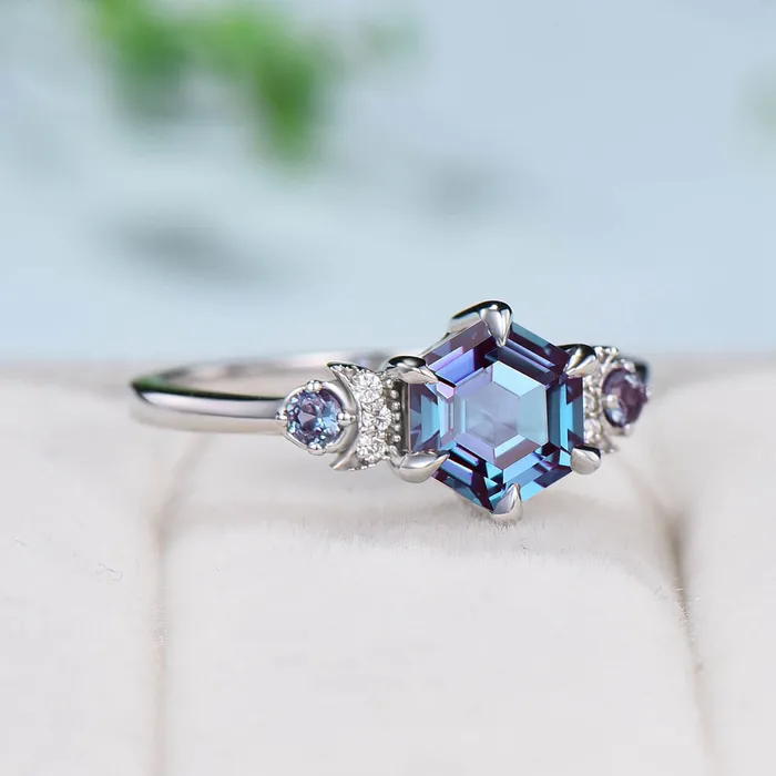 PENFINE Rings Unique hexagon alexandrite engagement ring Magic celestial moon color change engagement ring vintage crescent wedding ring gift for women PENFINE Rings Unique hexagon alexandrite engagement ring Magic celestial moon color change engagement ring vintage crescent wedding ring gift for women
