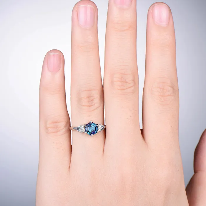 PENFINE Rings Unique hexagon alexandrite engagement ring Magic celestial moon color change engagement ring vintage crescent wedding ring gift for women PENFINE Rings Unique hexagon alexandrite engagement ring Magic celestial moon color change engagement ring vintage crescent wedding ring gift for women