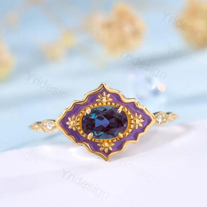 PENFINE Rings Unique Purple Enamel Alexandrite Engagement Ring Vintage Milgrain Wedding Ring Color Changing Art Deco Antique Anniversary Gift For Women PENFINE Rings Unique Purple Enamel Alexandrite Engagement Ring Vintage Milgrain Wedding Ring Color Changing Art Deco Antique Anniversary Gift For Women