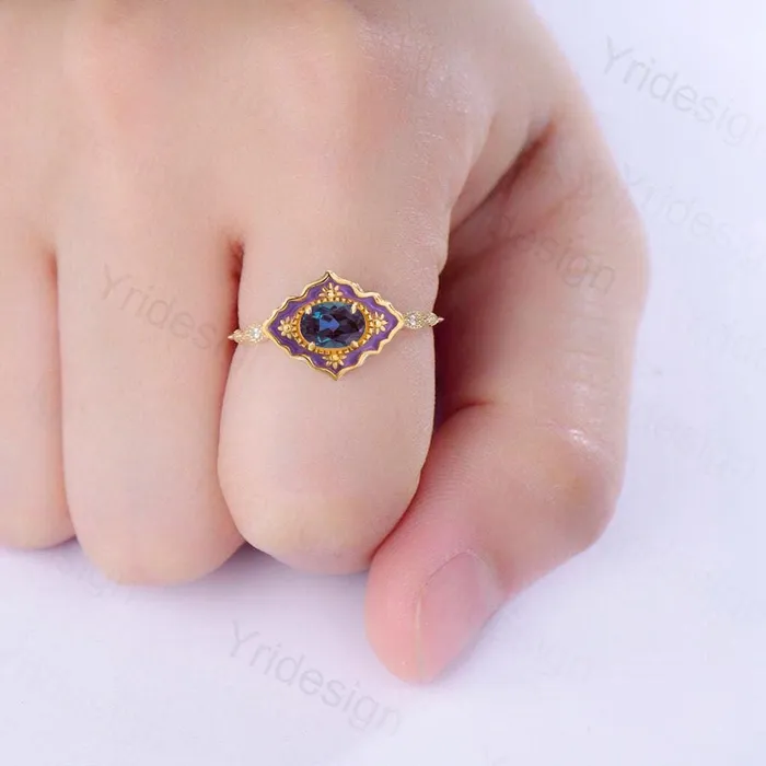 PENFINE Rings Unique Purple Enamel Alexandrite Engagement Ring Vintage Milgrain Wedding Ring Color Changing Art Deco Antique Anniversary Gift For Women PENFINE Rings Unique Purple Enamel Alexandrite Engagement Ring Vintage Milgrain Wedding Ring Color Changing Art Deco Antique Anniversary Gift For Women