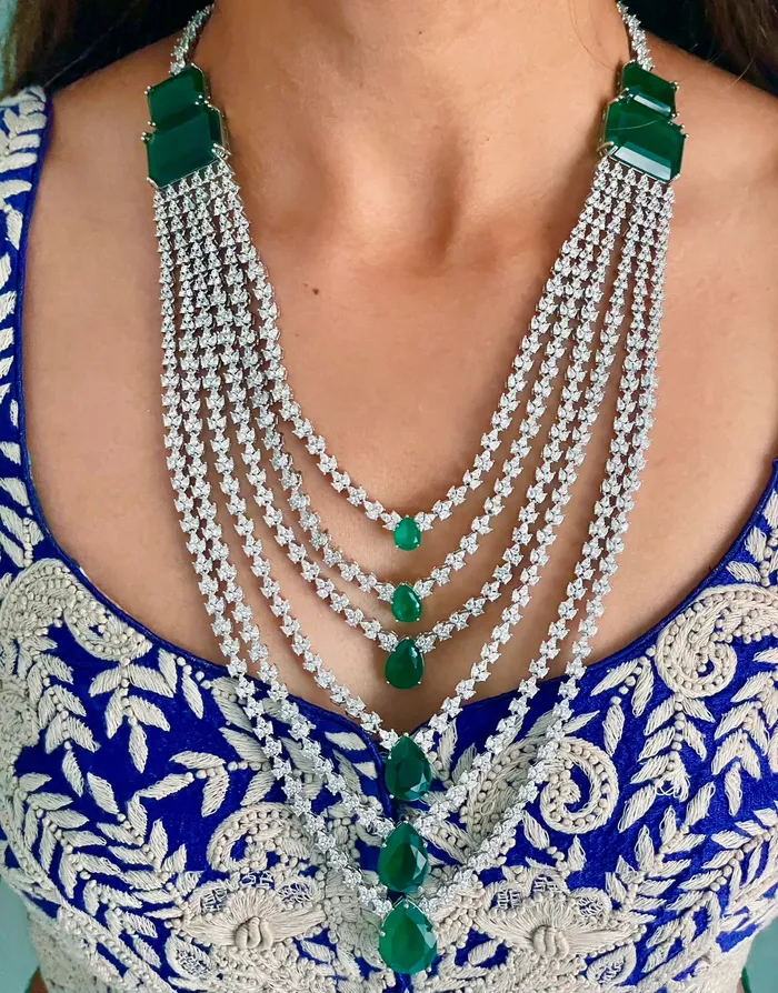 PRERTO ECOMMERCE PRIVATE LIMITED 6 Layer Emerald Drop Diamond Necklace Set Earrings Necklace Necklaces PRERTO ECOMMERCE PRIVATE LIMITED 6 Layer Emerald Drop Diamond Necklace Set Earrings Necklace Necklaces