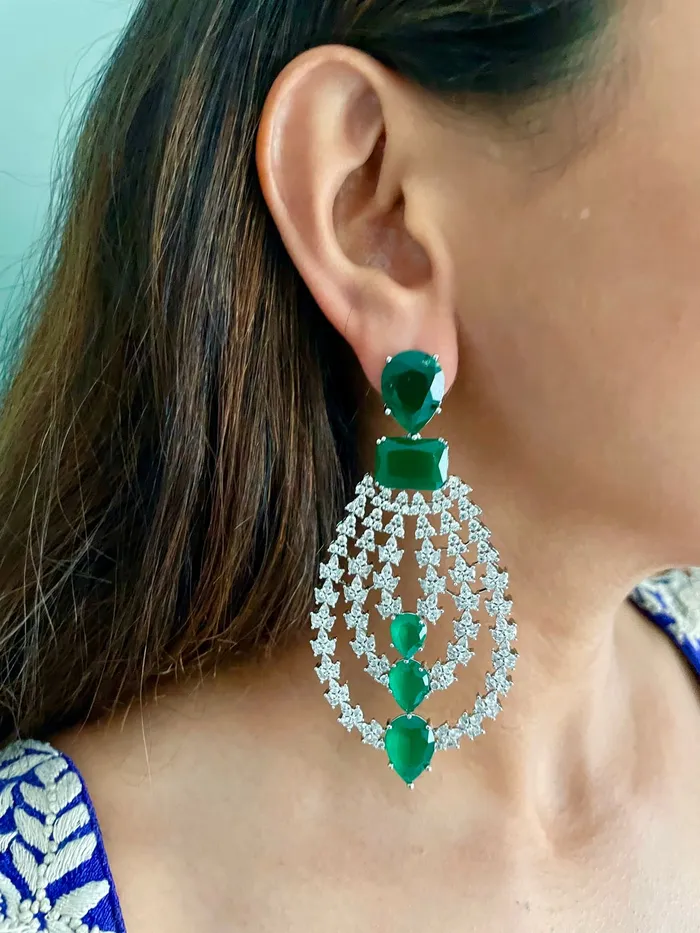 PRERTO ECOMMERCE PRIVATE LIMITED 6 Layer Emerald Drop Diamond Necklace Set Earrings Necklace Necklaces