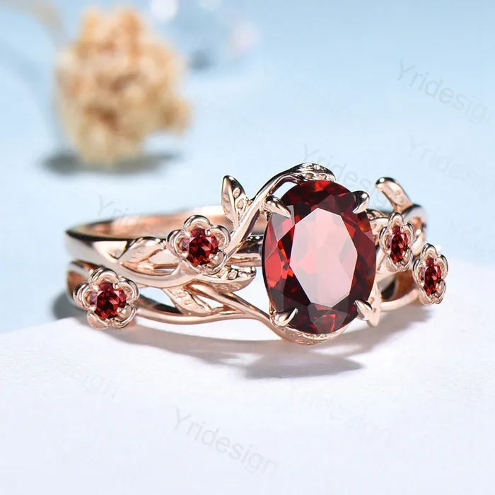 Unique flower leaves garnet ring set cluster branch nature inspired garnet engagement ring women cute January birthstone wedding ring set PENFINE Rings Unique flower leaves garnet ring set cluster branch nature inspired garnet engagement ring women cute January birthstone wedding ring set PENFINE Rings