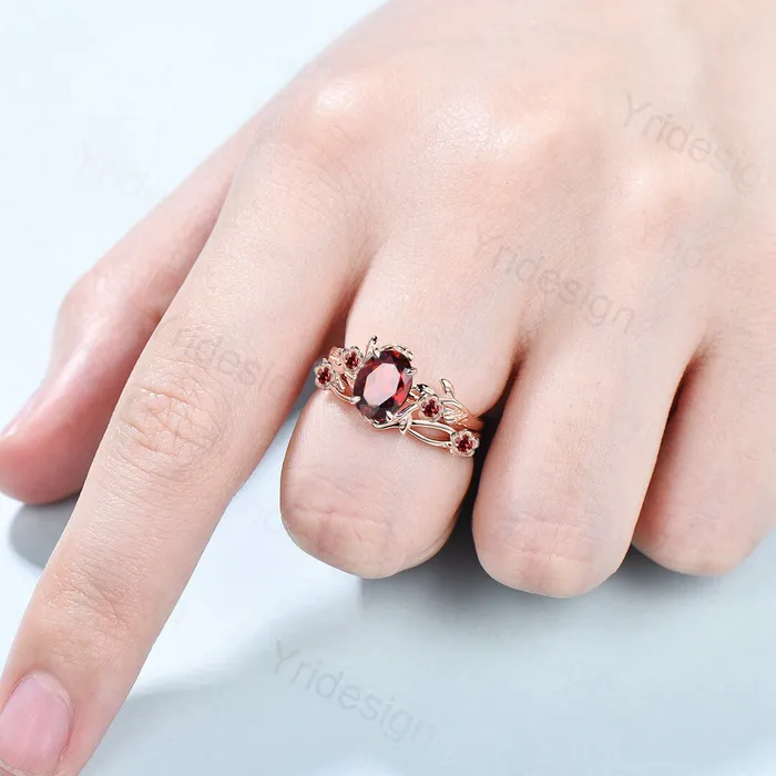 Unique flower leaves garnet ring set cluster branch nature inspired garnet engagement ring women cute January birthstone wedding ring set PENFINE Rings Unique flower leaves garnet ring set cluster branch nature inspired garnet engagement ring women cute January birthstone wedding ring set PENFINE Rings
