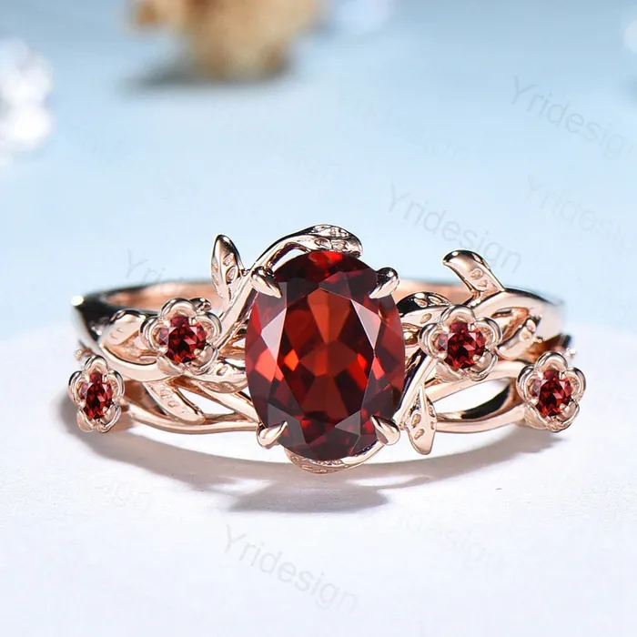 Unique flower leaves garnet ring set cluster branch nature inspired garnet engagement ring women cute January birthstone wedding ring set PENFINE Rings Unique flower leaves garnet ring set cluster branch nature inspired garnet engagement ring women cute January birthstone wedding ring set PENFINE Rings