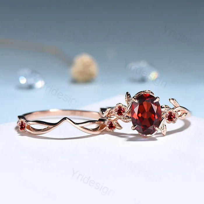 Unique flower leaves garnet ring set cluster branch nature inspired garnet engagement ring women cute January birthstone wedding ring set PENFINE Rings Unique flower leaves garnet ring set cluster branch nature inspired garnet engagement ring women cute January birthstone wedding ring set PENFINE Rings