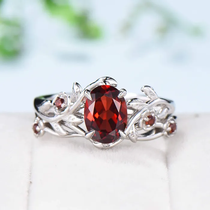 Unique flower leaves garnet ring set cluster branch nature inspired garnet engagement ring women cute January birthstone wedding ring set PENFINE Rings Unique flower leaves garnet ring set cluster branch nature inspired garnet engagement ring women cute January birthstone wedding ring set PENFINE Rings