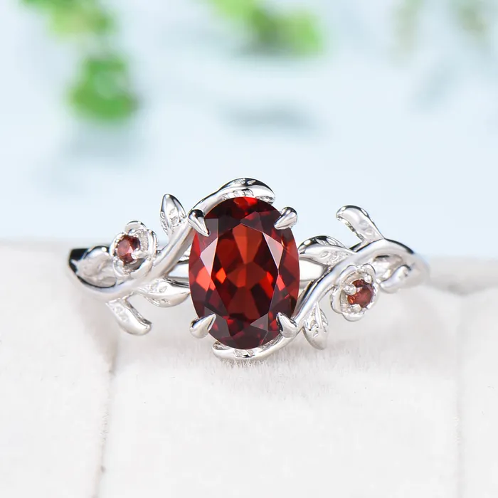 Unique flower leaves garnet ring set cluster branch nature inspired garnet engagement ring women cute January birthstone wedding ring set PENFINE Rings Unique flower leaves garnet ring set cluster branch nature inspired garnet engagement ring women cute January birthstone wedding ring set PENFINE Rings