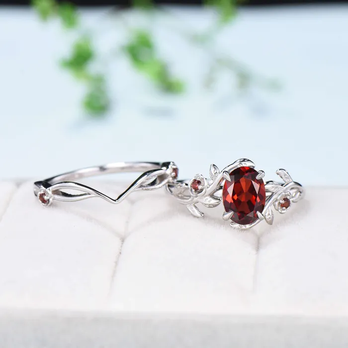 Unique flower leaves garnet ring set cluster branch nature inspired garnet engagement ring women cute January birthstone wedding ring set PENFINE Rings Unique flower leaves garnet ring set cluster branch nature inspired garnet engagement ring women cute January birthstone wedding ring set PENFINE Rings