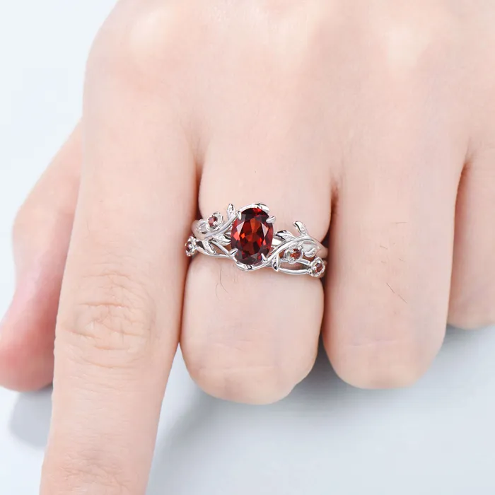 Unique flower leaves garnet ring set cluster branch nature inspired garnet engagement ring women cute January birthstone wedding ring set PENFINE Rings Unique flower leaves garnet ring set cluster branch nature inspired garnet engagement ring women cute January birthstone wedding ring set PENFINE Rings