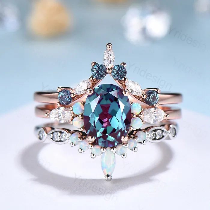 Vintage alexandrite engagement ring set Unique rose gold wedding set Art deco opal alexandrite stacking ring bridal promise ring set PENFINE Rings Vintage alexandrite engagement ring set Unique rose gold wedding set Art deco opal alexandrite stacking ring bridal promise ring set PENFINE Rings