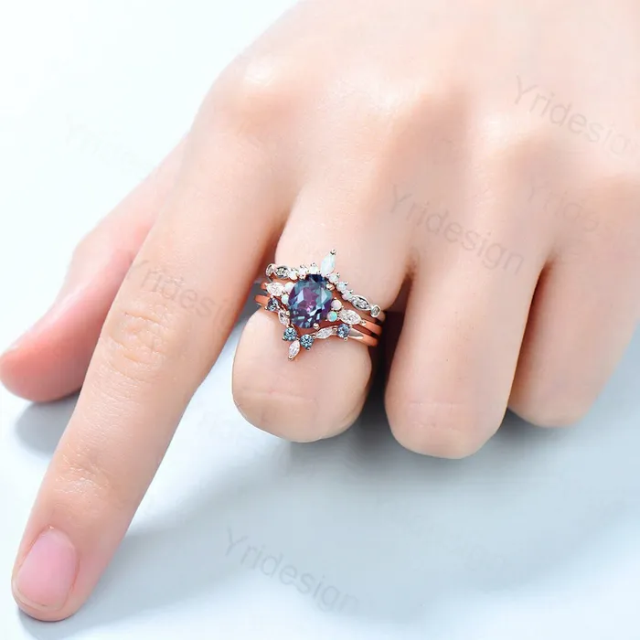 Vintage alexandrite engagement ring set Unique rose gold wedding set Art deco opal alexandrite stacking ring bridal promise ring set PENFINE Rings