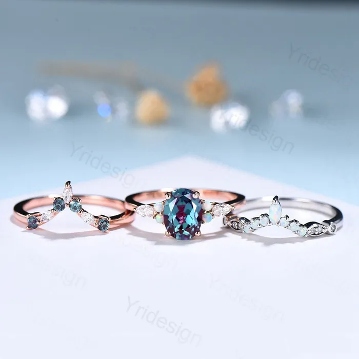Vintage alexandrite engagement ring set Unique rose gold wedding set Art deco opal alexandrite stacking ring bridal promise ring set PENFINE Rings