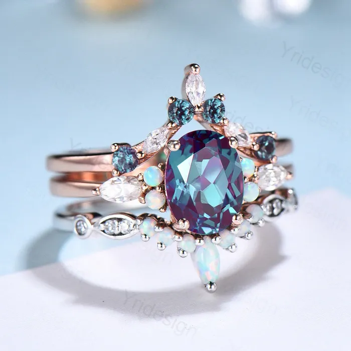 Vintage alexandrite engagement ring set Unique rose gold wedding set Art deco opal alexandrite stacking ring bridal promise ring set PENFINE Rings