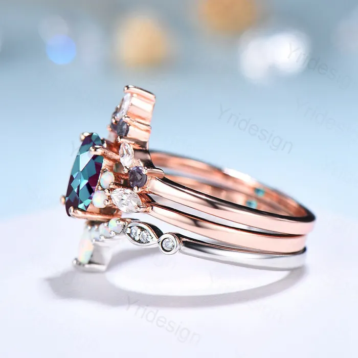 Vintage alexandrite engagement ring set Unique rose gold wedding set Art deco opal alexandrite stacking ring bridal promise ring set PENFINE Rings