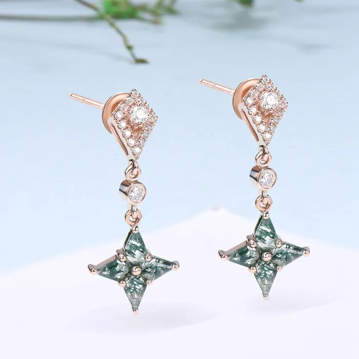 Vintage kite moss agate earrings Unique pinwheel earrings halo diamond drop stud earrings dainty green agate anniversary gift for women PENFINE Earrings Vintage kite moss agate earrings Unique pinwheel earrings halo diamond drop stud earrings dainty green agate anniversary gift for women PENFINE Earrings