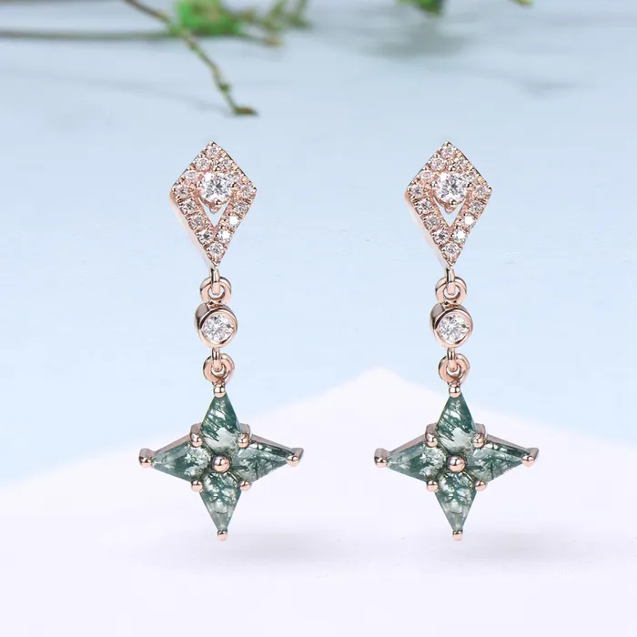 Vintage kite moss agate earrings Unique pinwheel earrings halo diamond drop stud earrings dainty green agate anniversary gift for women PENFINE Earrings Vintage kite moss agate earrings Unique pinwheel earrings halo diamond drop stud earrings dainty green agate anniversary gift for women PENFINE Earrings
