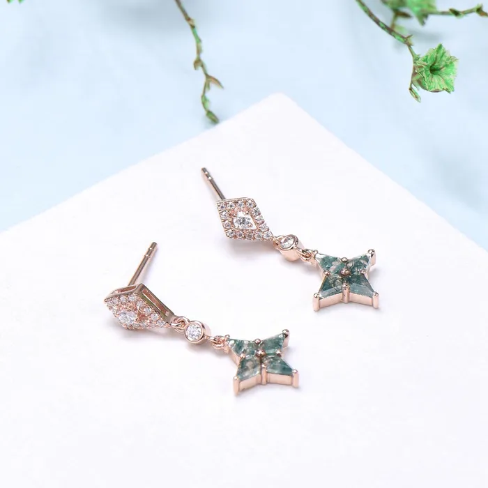 Vintage kite moss agate earrings Unique pinwheel earrings halo diamond drop stud earrings dainty green agate anniversary gift for women PENFINE Earrings Vintage kite moss agate earrings Unique pinwheel earrings halo diamond drop stud earrings dainty green agate anniversary gift for women PENFINE Earrings