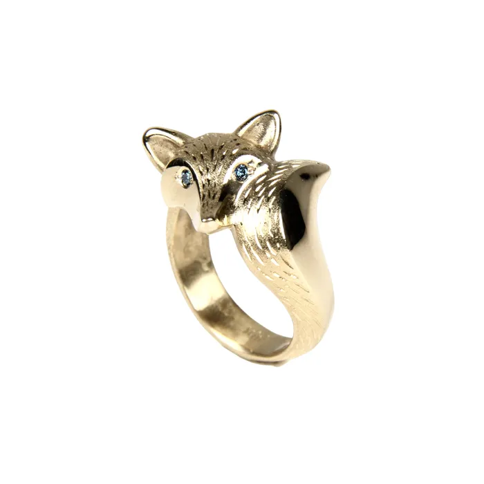 14K Gold Fur Fox with Diamond Eyes Ring Michael Tatom Rings