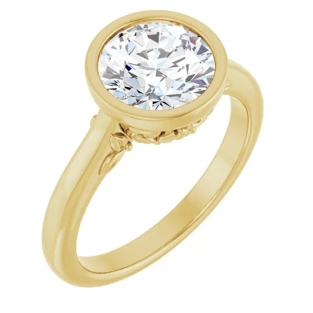 acredo USA Rings 14K Yellow Round Bezel Engagement Ring with Floral Gallery acredo USA Rings 14K Yellow Round Bezel Engagement Ring with Floral Gallery