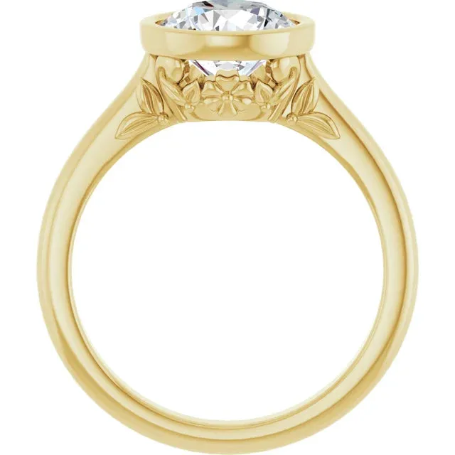 acredo USA Rings 14K Yellow Round Bezel Engagement Ring with Floral Gallery