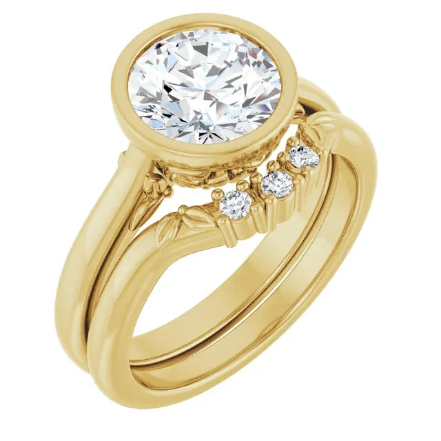 acredo USA Rings 14K Yellow Round Bezel Engagement Ring with Floral Gallery