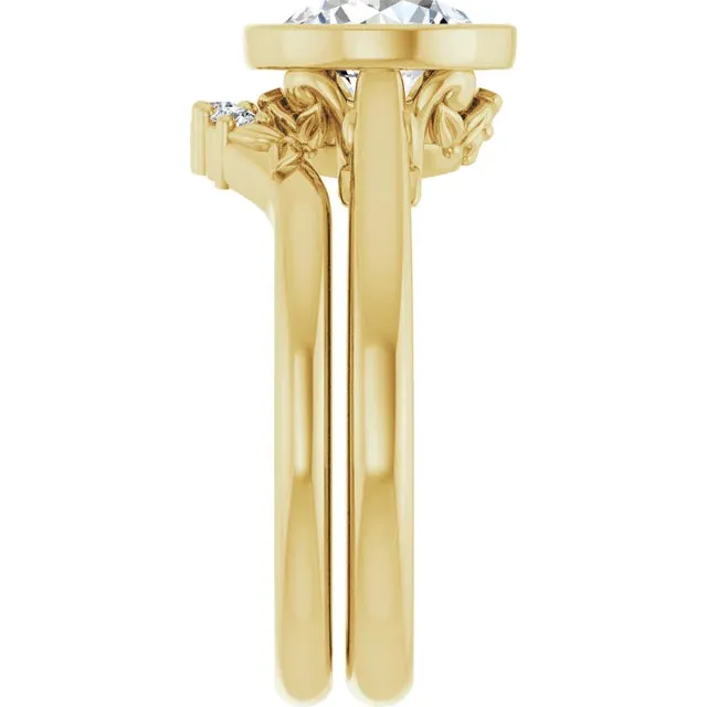acredo USA Rings 14K Yellow Round Bezel Engagement Ring with Floral Gallery