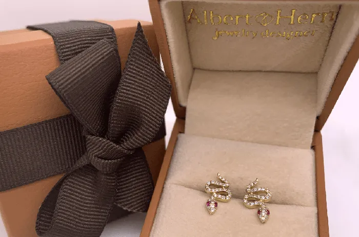 Albert Hern Earrings Earrings 14kt Stud Snakes Ruby Eyes Diamonds