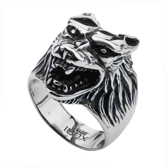 Antiqued Silver Tone Stainless Steel Growling Wolf Ring INOX JEWELRY Rings