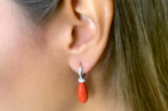 Earrings 14kt White Gold Coral Tear Diamonds Albert Hern Earrings
