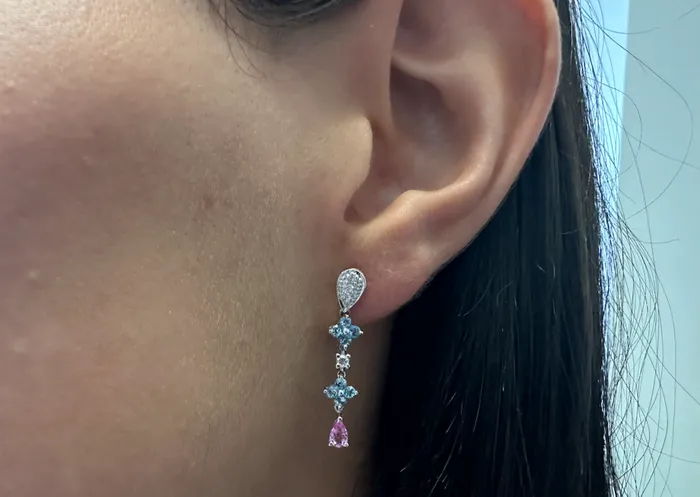 Earrings Albert Hern Earrings 18kt Gold Blue Topaz Flowers and Pink Sapphires Drops