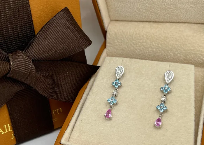 Earrings Albert Hern Earrings 18kt Gold Blue Topaz Flowers and Pink Sapphires Drops