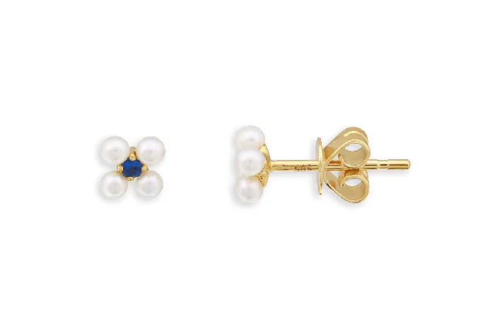 Earrings Albert Hern Mini Earrings 14kt Gold Flower Pearl Sapphires Studs