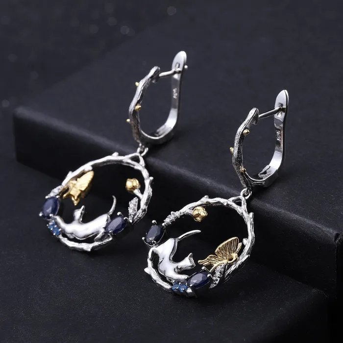 Earrings Alibaba Cat and Butterfly Fine Sterling Silver Jewelry Genuine GemstoneNecklace Earrings Ring or SET