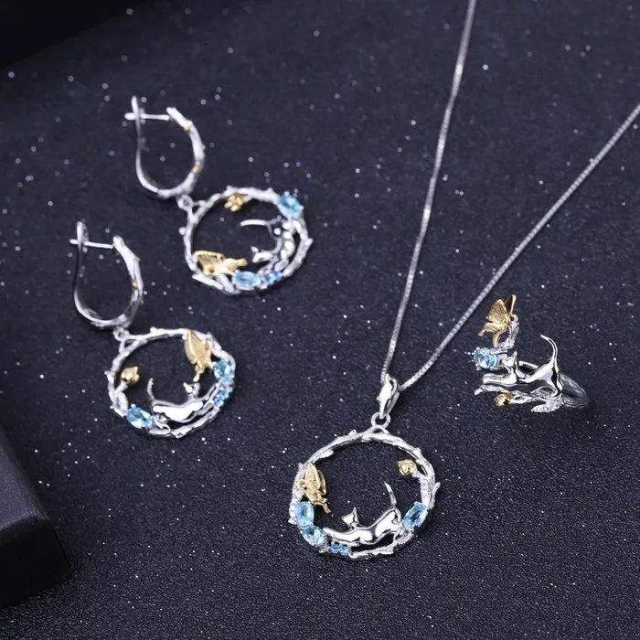 Earrings Alibaba Cat and Butterfly Fine Sterling Silver Jewelry Genuine GemstoneNecklace Earrings Ring or SET