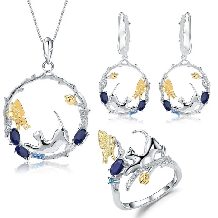 Earrings Alibaba Cat and Butterfly Fine Sterling Silver Jewelry Genuine GemstoneNecklace Earrings Ring or SET