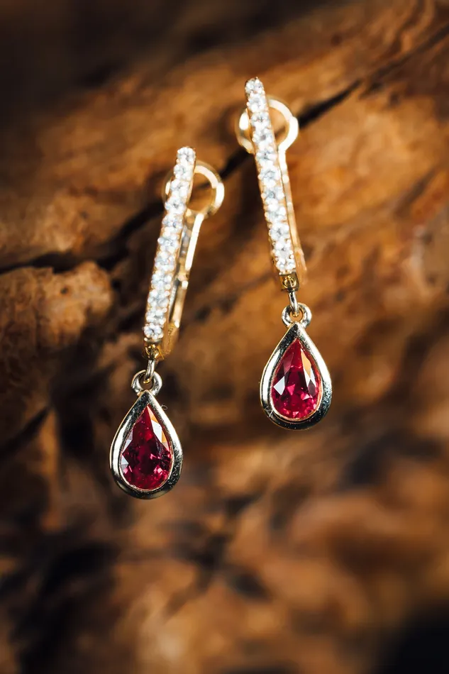Earrings Stanton 14k Yellow Gold Ruby and Diamond Huggie Hoop Earrings