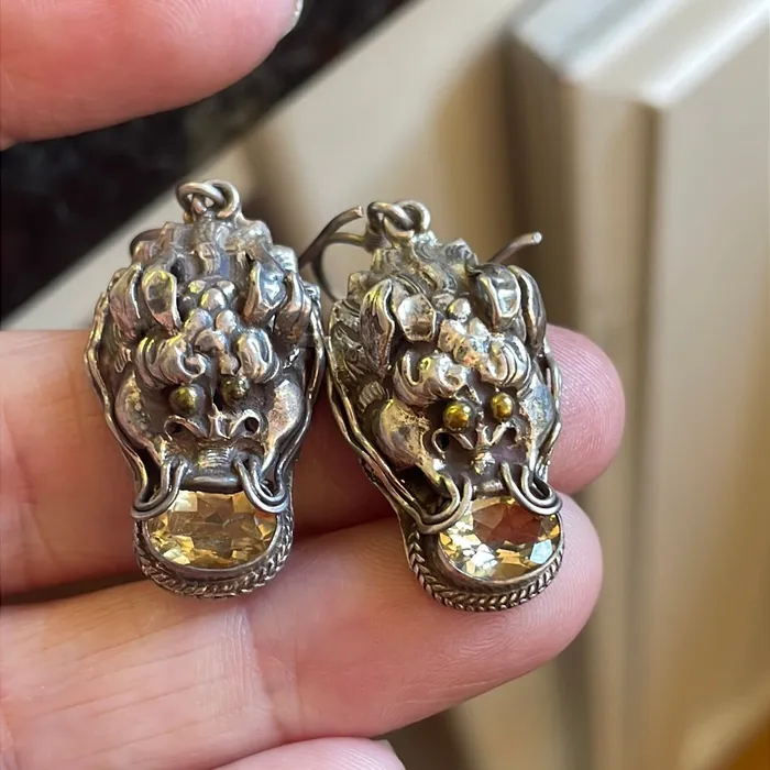 Earrings Vintage Paris Jewelry Citrine Dragon Earrings Sterling Silver Vintage