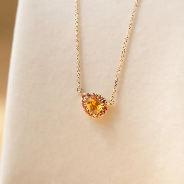 Orange Pear Shaped Montana And Padparadscha Sapphire Necklace Pendant 14K Gold Albrecht Jewellery Necklaces Orange Pear Shaped Montana And Padparadscha Sapphire Necklace Pendant 14K Gold Albrecht Jewellery Necklaces