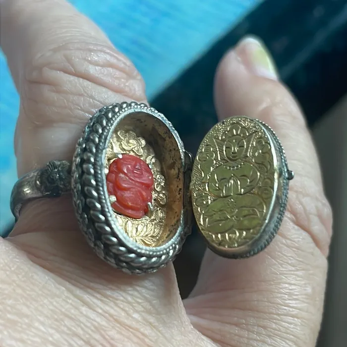Vintage Paris Jewelry Rings Jade Poison Ring Carved Coral Buddha Sterling Silver Vintage Vintage Paris Jewelry Rings Jade Poison Ring Carved Coral Buddha Sterling Silver Vintage