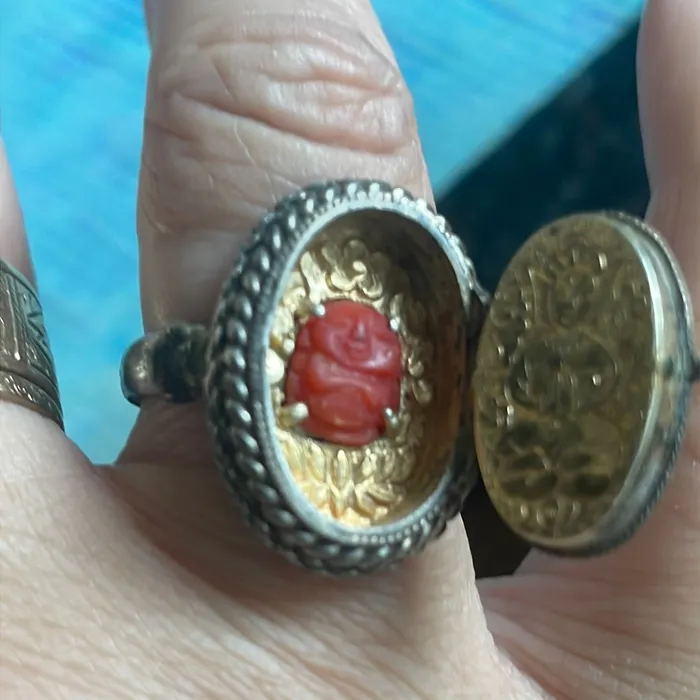 Vintage Paris Jewelry Rings Jade Poison Ring Carved Coral Buddha Sterling Silver Vintage Vintage Paris Jewelry Rings Jade Poison Ring Carved Coral Buddha Sterling Silver Vintage