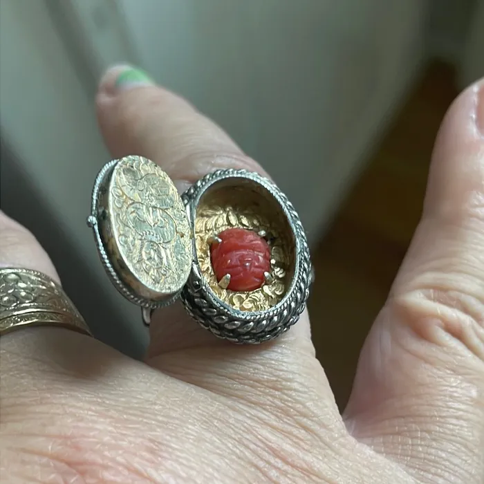 Vintage Paris Jewelry Rings Jade Poison Ring Carved Coral Buddha Sterling Silver Vintage Vintage Paris Jewelry Rings Jade Poison Ring Carved Coral Buddha Sterling Silver Vintage