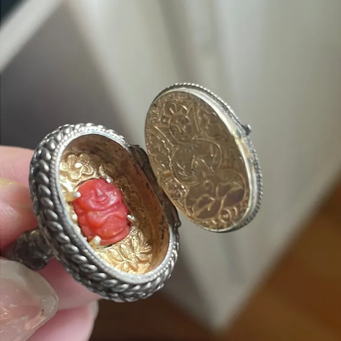 Vintage Paris Jewelry Rings Jade Poison Ring Carved Coral Buddha Sterling Silver Vintage Vintage Paris Jewelry Rings Jade Poison Ring Carved Coral Buddha Sterling Silver Vintage