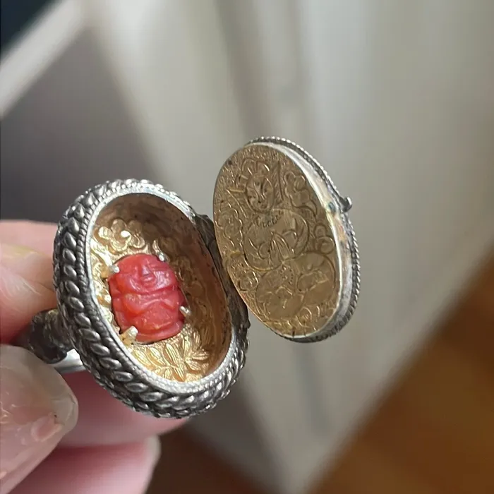 Vintage Paris Jewelry Rings Jade Poison Ring Carved Coral Buddha Sterling Silver Vintage Vintage Paris Jewelry Rings Jade Poison Ring Carved Coral Buddha Sterling Silver Vintage