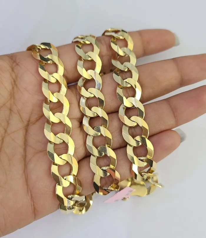 14k Solid Gold Cuban Curb Link chain 11mm 24 Inches Real Necklace Yellow Genuine Gold and Diamond Necklaces
